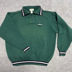 Izod Mens Vintage Quarter Zip Cotton Sweater Green Striped Trim Large